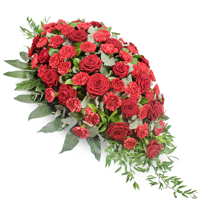 A richly detailed red funeral spray is photographed against a pristine white background, emphasising its elegant teardrop silhouette that begins wide and full at the upper left and narrows steadily to a fine, trailing point at the lower right. The core of the arrangement is formed by deep red roses, their velvety petals unfurled in rounded, layered rosettes that suggest devotion and dignified affection. Interspersed among them are red carnations and spray carnations, their slightly brighter crimson tones and delicately fringed petals introducing a more textured, almost plush quality that softens the stronger lines of the roses. The blooms are anchored by a substantial base of greenery. Broad, dark green leaves, likely salal or similar foliage, overlap to create depth and coverage, extending beyond the flowers to frame the overall shape. In between these darker leaves, rounded eucalyptus foliage in a cooler, silvery green is carefully placed, the matte, almost dusty surface of the leaves lending a gentle, muted contrast to the vivid blooms. At the lower right end of the spray, where the arrangement tapers, slender stems of light green trailing foliage flow outward, adding length and a sense of quiet motion, as though the tribute is gently cascading along the side of a casket. The lighting is even and soft, revealing the natural sheen of the rose petals and the subtle variations in green without strong shadow. This style of floral tribute, typical of the work created by experienced florists for families in Mill Hill and the surrounding residential streets, feels like a considered, respectful way to honour a loved one's life and offer comfort during a service or graveside farewell.