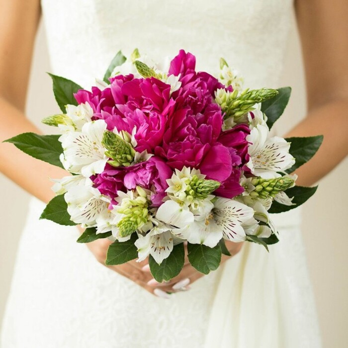 In this detailed close-up, a bride's midsection fills the frame as she holds a compact, rounded wedding bouquet, the stems hidden by her hands and the flowers resting just above the waistline of her white lace gown. The focal point of the arrangement consists of large, deeply ruffled peonies in striking shades of fuchsia and magenta, their many overlapping petals forming rich, full rosettes that feel lush and indulgent, almost cloud-like in their softness. Between and around these central blooms are pristine white alstroemeria, or Peruvian lilies, their slimmer petals gently flaring open to reveal inner throats decorated with fine maroon speckles and subtle streaks, offering a delicate, almost hand-painted detail that contrasts with the solid blocks of peony colour. Threaded throughout the bouquet are distinctive spiky green buds and slender star-shaped filler flowers, their slightly angular shapes adding a touch of movement and playfulness, like fresh shoots seen in nearby Mill Hill Park at the start of summer. Deep green, slightly glossy leaves cradle the outer edge of the bouquet, creating a neat, natural border and helping the bright tones of pink and white stand out more intensely. The bride's hands, with light pink manicured nails, gently cup the base of the flowers, suggesting care and composure as she prepares for her walk down the aisle. Soft, even lighting bathes the scene, picking out subtle shadows in the folds of fabric and petals while keeping the background blurred and unobtrusive, so that attention remains firmly on the bouquet. The mood is joyful and romantic, capturing the kind of bespoke bridal design often crafted by local Mill Hill florists for weddings held in nearby venues, combining bold colour, refined texture, and a sense of fresh, garden-inspired abundance.