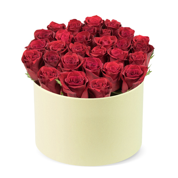 Within the creamy ivory of a round, matte hatbox, Flowers Mill Hill presents a spectacular field of red roses-the classic, lush heart of romance. Dozens of velvety crimson heads are densely packed, their petals still tightly furled, hinting at a bloom just on the cusp of opening. The arrangement fills the cylindrical container completely, forming a compact, almost sculptural dome that rises slightly above the rim. Between the heads, discreet splashes of dark green foliage peek through, giving life and depth to the sea of red. The box itself is smooth, ivory-toned with a creamy, pale yellow tint, its matte finish evoking a premium, architectural vibe. Set against a pristine white background, the bouquet exudes luxury, refinement, and effortless celebration. This boxed arrangement speaks of love and devotion, making it perfect for Valentine's Day, anniversaries, or a grand gesture of appreciation. It is the kind of gift that travels well for delivery across Mill Hill and nearby postcodes, arriving as a meticulously crafted keepsake rather than a simple bouquet. The craftsmanship is unmistakable: each bloom is placed by hand by our experienced team, ensuring symmetry and a lush, velvet appearance that endures in the home. A refined, heartfelt gift for the one you cherish.
