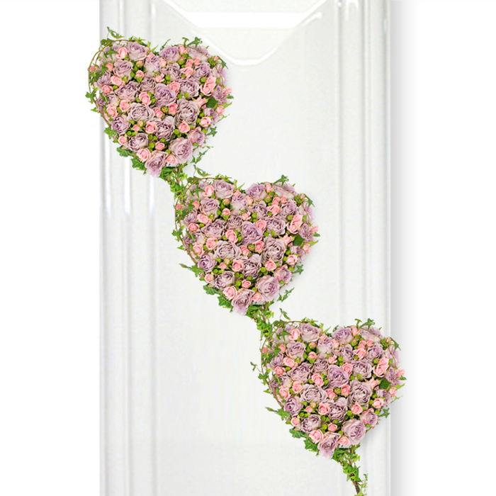 In this image, three heart-shaped floral arrangements appear to float one below the other in a diagonal cascade, creating a sense of gently falling love and remembrance. Each heart is composed almost entirely of small roses in shades of dusty lavender and pale blush pink, the pastel tones blending harmoniously to create a soft, romantic feel. The roses are packed closely together so that they form dense, plush clusters; petals overlap and curl, some blossoms wide open, some partially unfurled, others still as tight buds. This mixture of stages adds both texture and a quiet suggestion of time passing. Outlining every heart is a delicate frame of fresh green ivy, the vines winding and twisting with natural fluidity. These same ivy strands extend between the hearts, acting as living cords that link the trio into a single flowing composition. The ivy leaves are small and glossy, sharply defined against the muted roses and catching subtle highlights where the light touches them. The entire arrangement is photographed against a clean, white background, with faint vertical glints at the edge that hint at glass or polished panels, lending a calm, contemporary character. The atmosphere feels similar to what you might encounter in a peaceful Mill Hill chapel or a softly lit room at a local funeral home, where floral tributes rest in quiet dignity. The three hearts could represent different members of a family, three generations, or distinct chapters of a life honoured with love. It is an arrangement that would sit beautifully near the altar or lectern, offering a visual message of unity, devotion, and enduring affection, the kind of thoughtful design a Mill Hill florist might recommend for a meaningful farewell.