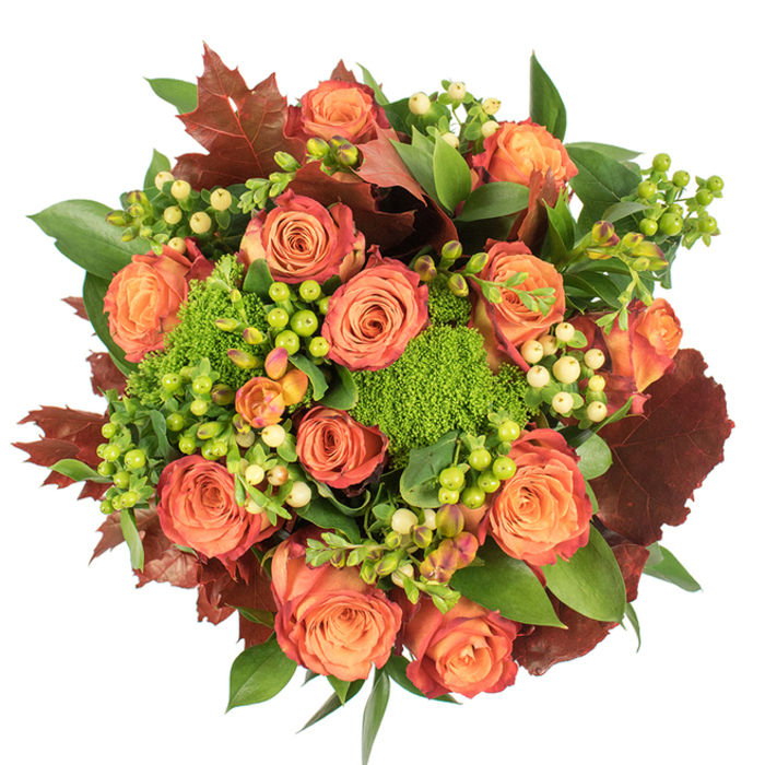 Viewed straight down on a crisp white backdrop, this seasonal creation brings the warmth of fall into clear focus: a dense, rounded bouquet dominated by large roses that graduate from a soft, peachy heart to richer coral and burnt-orange outer petals, some edged with a rust-red patina like autumn leaves. Interspersed among the roses are clusters of Hypericum berries in bright lime-green and pale creamy-yellow, their glossy orbs creating lively texture and small accents of light. Anchoring the palette are tufts of Green Trick dianthus, their velvety, moss-like forms offering a spirited, tactile contrast to the smooth rose petals. Deep burgundy and russet lobed leaves are placed throughout to echo the season's foliage, giving depth, contrast, and a slightly rustic tone that complements the brighter elements. Lush green foliage fills out the arrangement, providing fullness and a fresh backdrop that highlights each bloom's colour. The composition is carefully balanced to read well from above, making it an ideal centrepiece for a harvest table or a thoughtful gift. You can sense the gentle perfume of roses undercut by green, earthy notes; under soft diffuse light the textures and colours become more pronounced, inviting both sight and touch. Prepared with local knowledge and care, this bouquet is a seasonal favourite at Flowers Mill Hill and suits same-day delivery across Mill Hill and nearby NW7 neighbourhoods for Thanksgiving, birthdays, or heartfelt autumn greetings.