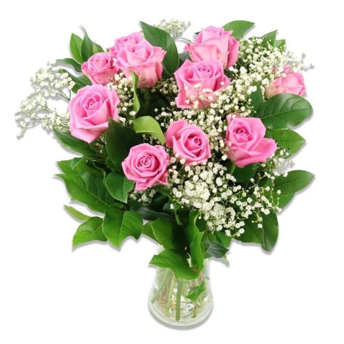 A classic glass vase filled with pink roses and white baby's breath is shown against an immaculate white backdrop, capturing the refined simplicity of a hand-crafted Mill Hill bouquet designed to celebrate a new baby. The arrangement features roughly ten to twelve rose stems, each topped with a bloom in varying stages of openness. Some roses are almost fully open, their petals spiralling outward to form generous cups of medium pink flushed with softer tones at the edges, while others retain a modest bud-like shape, with petals hugging closely together, suggesting the gradual unfolding of new life. Between these roses, clouds of baby's breath are interspersed in an artful, even manner, their miniature white blossoms clustered on slender branching stems that bring texture and softness. This delicate filler creates a halo around and within the pink blooms, softening contrasts and introducing a note of innocence and purity that suits baby flower gifting. A ring of dark green foliage supports the arrangement from below and behind, its smooth, ovate leaves providing a visual anchor. The leaves catch the gentle studio lighting with a subtle sheen, giving the foliage dimension without drawing focus from the roses. The stems, visible through the clear sides of the vase, are neatly cut and gathered, submerged in fresh water that suggests recent preparation by a careful florist. The light is bright but diffused, eliminating strong shadows and making each petal and tiny white bloom distinctly visible. The overall impression is one of balanced harmony: soft yet confident pink tones, airy whites, and deep greens working together. It feels like a bouquet that could be delivered to a home off Mill Hill Broadway or tucked onto a bedside table after a visit to a nearby maternity ward, marking the arrival of a new baby with gentle grace and timeless charm.