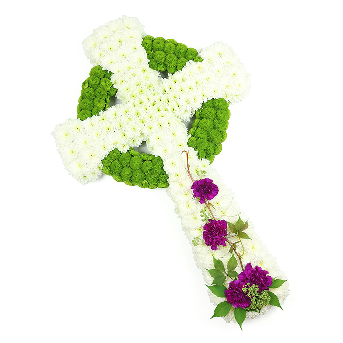 The photograph showcases a beautifully composed Celtic cross floral tribute, presented on a flawless white background that accentuates its precise lines and fresh colours. The cross is angled slightly across the frame, running from top left to bottom right, which gives a sense of gentle movement while still preserving its strong, traditional shape. The main body of the cross is entirely covered in small, snowy white chrysanthemum blooms, closely packed together to create a smooth, padded texture that looks both soft and enduring. These chrysanthemums form the broad vertical shaft and the horizontal arms, offering a visual impression of purity and peace. Encircling the centre, and intricately defining the signature Celtic halo, a border of lime green button chrysanthemums runs in a continuous ring. Their rounded, compact heads form a crisp band of colour that also appears in smaller sections along the arms, hinting at interlaced knotwork patterns. This interplay of white and green adds textural richness and a subtle symbolism of life and renewal. Along the lower section of the vertical arm, three lush clusters of deep purple carnations are thoughtfully arranged. Their multi-layered petals and intense hue stand out against the paler tones, adding emotional depth and a sense of reverent beauty. Among them, slender strands of dark green foliage and curling tendrils wander naturally, suggesting ivy or woodland vines and softening the geometric form. The overall effect is dignified and contemplative, the sort of floral tribute families in Mill Hill might choose for a funeral service at a local church or for a gathering near the green spaces around Mill Hill Broadway. Each carefully placed bloom reflects the quiet expertise and compassion of local florists dedicated to honouring cherished memories with grace.