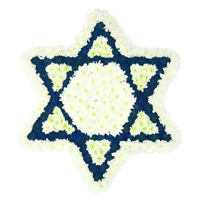 A striking Star of David sympathy tribute stands out crisply against a bright white backdrop, composed with the precision of a geometric drawing but softened by thousands of delicate petals. The outermost edge of the star is a generous band of white chrysanthemums or similar tightly petalled blooms, forming a fluffy, cloud-like frame that still traces every line and angle of the six-pointed Magen David. Within this border lies a large central hexagon, also filled entirely with white flowers, radiating a sense of purity and gentle light. From each side of this hexagon emerges a triangle of deep navy or indigo flowers, reaching outward to form the six points of the star. These blue sections are densely packed, their colour rich and almost velvety, giving the tribute a solemn dignity. At the base of each blue triangle, nearest the heart of the design, the florist has crafted a smaller inset triangle of white blooms, so that white appears to step into blue, and blue steps back again, creating a layered pattern that feels both modern and traditional. The flowers look freshly opened, as though they have just been arranged for a same-day delivery across Mill Hill, perhaps to a synagogue near the Broadway, a chapel of rest by Bunns Lane, or a quiet home on the tree-lined streets leading towards Mill Hill Village. The mood is reflective and respectful, ideal for Jewish funerals, memorials, or shiva visits, where family and friends gather to remember a cherished life. The careful craftsmanship and meaningful symbolism make this floral Star of David a heartfelt expression of support within the North West London community.