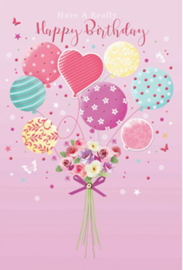 There is a tender, uplifting spirit in this birthday illustration, as if someone has bottled the feeling of a sunny afternoon in Mill Hill and tied it to a bouquet of balloons. The background is softly washed in pale pink, creating a calming space where the eye can rest. From this gentle canvas rises a collection of round and heart-shaped balloons in pastel hues: buttery yellow, rosy fuchsia, seafoam green, and lavender. Each balloon is given its own personality with decorative details-ribbons that twist like winding paths through Mill Hill Park, tiny polka dots that feel like confetti in the air, and floral swirls that wrap gracefully around the curves. Hovering just below is a delicate hand-tied bouquet, as if the flowers are the true heart of the design and the balloons are lifting their joy skyward. The bouquet features small roses and daisy-like blooms in creamy ivory, blush pink, and soft mauve, their petals shaded to suggest velvety depth and freshness. A slim purple bow, tied with the ease of practiced hands, gathers the stems, its satin gleam catching an imagined shaft of late afternoon light over the Ridgeway. The entire composition is suffused with a soft glow, casting gentle highlights along the rounded balloons and the curved petals, creating depth without harsh contrast. Scattered stars and perhaps a hint of fluttering butterflies add an almost storybook charm, like a daydream you might have while pausing on a bench in Mill Hill Park. It feels like a birthday greeting crafted by someone who pays attention to every detail, transforming a simple card into a moment of quiet happiness and heartfelt celebration.