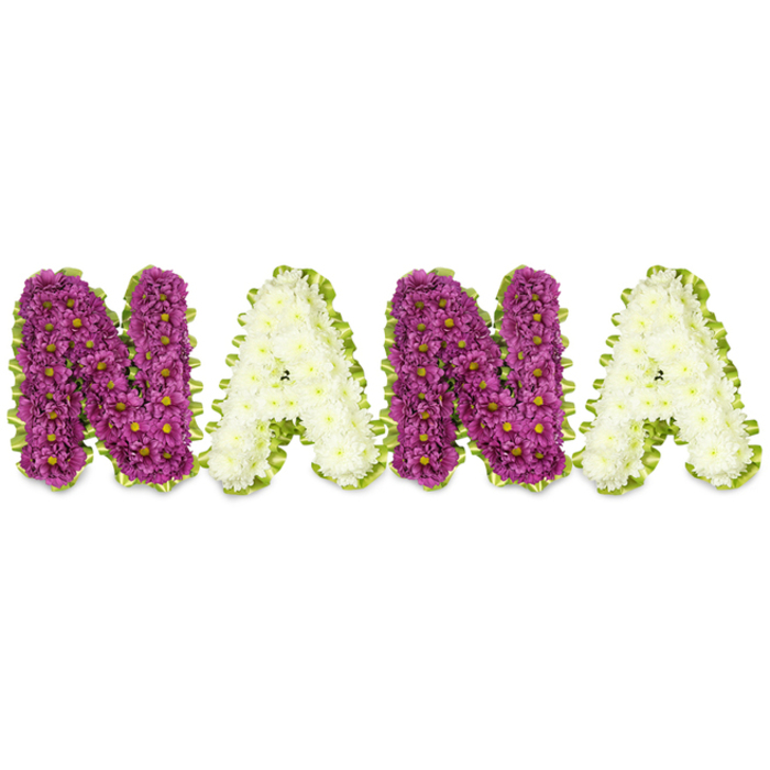A bespoke memorial arrangement spelling out NANA occupies the frame, each capital letter sculpted from hundreds of small flowers and presented on a crisp white background. The first and third letters - both N - are composed of rich magenta-to-plum chrysanthemums, their densely packed petals creating a lush, textured surface studded with tiny yellow centres. The two A letters alternate in soft contrast, built from pristine cream or ivory chrysanthemums whose petals produce a smooth, serene face beside the stronger purple panels. A vivid lime-green border, appearing as pleated ribbon or closely tucked foliage, traces the outline of every letter, its bright tone lifting the composition and lending a fresh, garden-like edge. The workmanship is meticulous: stems wired and clipped, flower heads aligned to form readable, sculpted typography that sits slightly raised from the background. In gentle daylight the whites glow with a cool purity while the purples hold a warm, reverent depth; the scent is a subtle, clean chrysanthemum note that suits reflection. Made in a Mill Hill florist's studio with careful attention to tradition and personalization, this tribute - available for local delivery across Mill Hill Village and to nearby chapels - is a classical choice for a grandmother's funeral or memorial. Flowers Mill Hill crafted this piece to speak of devotion, memory, and the quiet dignity families seek when saying goodbye.