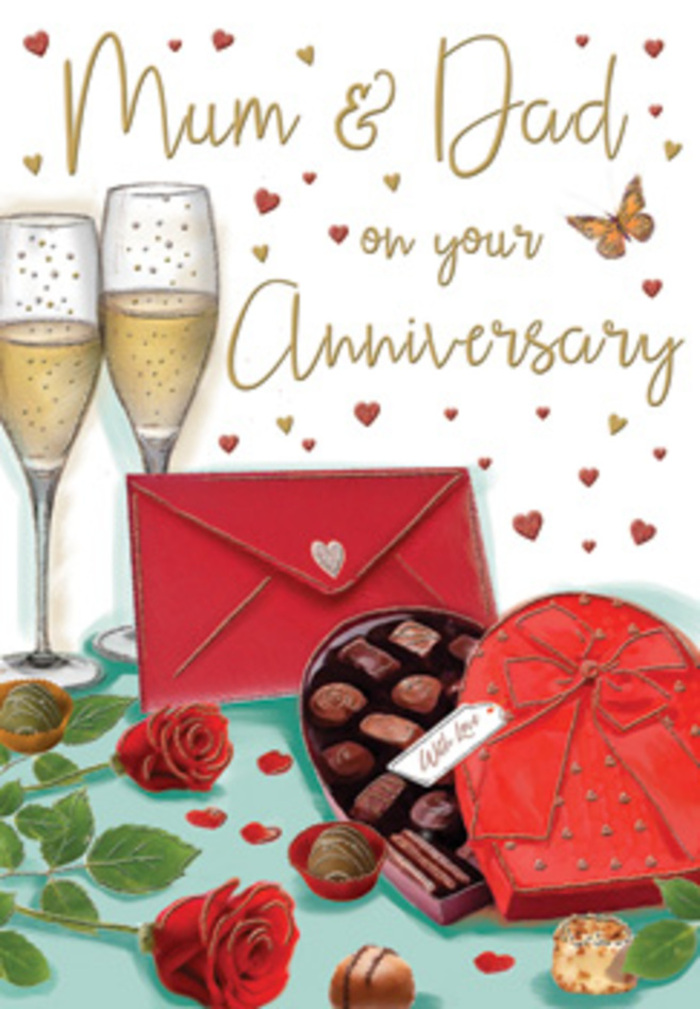 This anniversary card artwork captures the essence of a romantic celebration arranged with the same attention to detail you might find at a Mill Hill florist. At the heart of the image lie two sumptuous red roses, their petals plush and intricately layered, with a subtle sheen that suggests freshness and care, as if they've just been trimmed and placed on the table after a delivery from a nearby studio like Flowers Mill Hill. Glossy green leaves curl naturally around the blooms, adding depth and contrast. Just alongside, a heart-shaped box of chocolates sits invitingly open; the lid, adorned with a dramatic, carefully tied red bow, leans back to reveal smooth, richly shaded chocolates nestled in perfect rows. Behind this tempting display, two tall champagne flutes stand together, filled with golden fizz whose bubbles catch points of light, giving the sense of candlelight dancing in a Mill Hill living room after sunset. Scattered across the soft background float delicate red and gold hearts, lending a playful, romantic energy and encircling a tender Mum & Dad message rendered in friendly, hand-lettered script. At the edge of the scene rests a bold scarlet envelope, its clean edges and subtle shadow suggesting a treasured note inside-perhaps recalling years spent exploring Mill Hill Park or strolling along the Broadway. The combination of textures-the velvet of petals, the satin of ribbon, the glass's cool smoothness, the imagined snap of chocolate-creates a sensory-rich impression. Altogether, the card feels like a lovingly prepared anniversary moment, celebrating enduring love in the comfortable, familiar surroundings of Mill Hill.