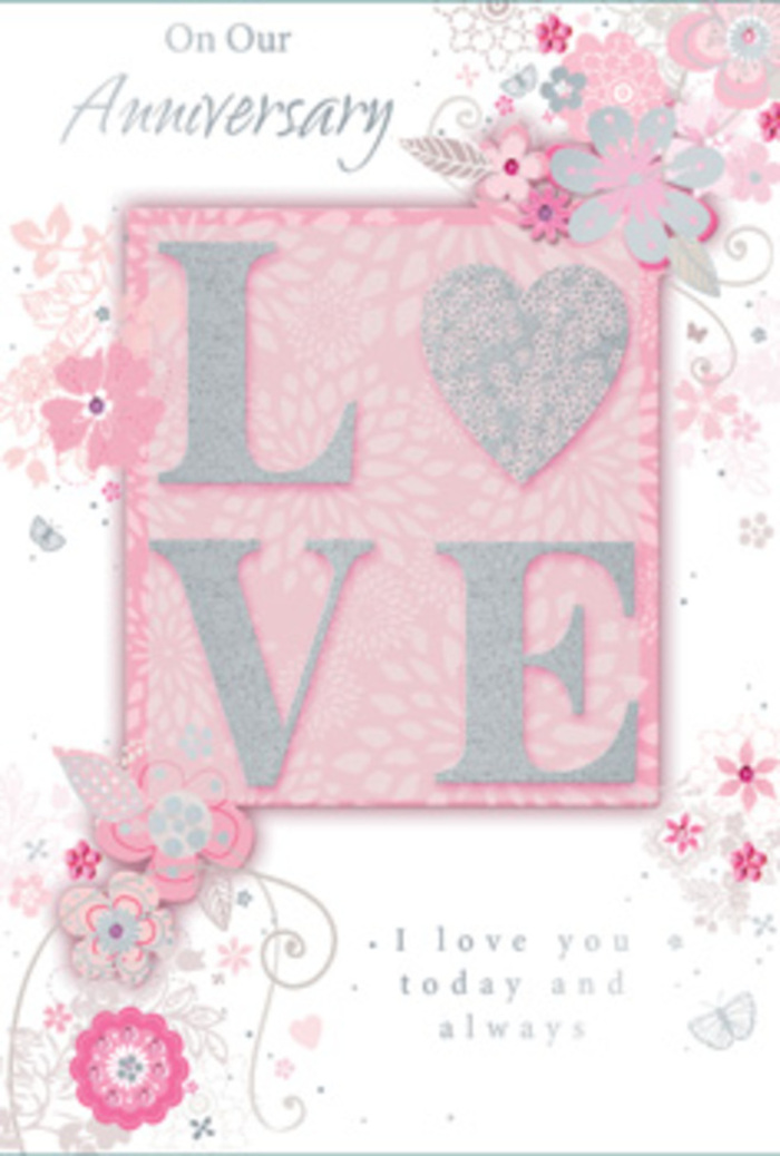 Propped as though it has just been opened on a cosy table in Mill Hill, this anniversary card feels like stepping into a sun-filled room where love is quietly cherished every day. The central motif is the word LOVE, printed in prominent letters and coated with a frosted glitter finish that adds both sparkle and inviting texture. Under imagined lamplight, the glitter catches and scatters tiny points of brightness, reminiscent of evening lights glowing over the rooftops and gardens of Mill Hill. Around this central word, wispy hand-drawn blooms drift along the card's borders, their petals tinted in soft pinks, gentle lilacs, and creamy ivory tones. The flowers appear to float upward like the lightest breath of air, while delicate sprays of leaves and tendrils weave between them, echoing the natural curves seen in a freshly tied bouquet. Fine flourishes-slim filigree lines, tiny leaves, and subtle butterfly silhouettes-are tucked into the design, suggesting fluttering hearts and fleeting, joyful moments. The background remains a soothing blush or pale pastel, providing a calm canvas that allows each line and petal to be appreciated. In a graceful, understated typeface, the message I love you today and always rests within the design, offering a gentle, enduring promise. The card's overall impression is one of warmth and gratitude, as if it has absorbed years of shared stories and everyday kindness between two people making a home together in Mill Hill and its leafy lanes.