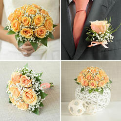 This composed collage reads like a small story of a Mill Hill wedding, where warm peach and apricot roses, delicate gypsophila and fresh green leaves create a unified, romantic language across four images. In the top-left frame a bride in an ivory gown gently cradles a perfectly rounded bridal bouquet; the blooms are soft peach-orange roses, densely packed so each velvety petal seems to support the next, while pockets of tiny white baby's breath and ruscus peep through to soften the silhouette. The photograph centres on the hands and texture - the comforting weight of the bouquet and the subtle glow of morning light. On the top-right a groom's dark charcoal or navy jacket features a single peach rose bud boutonnière, accented with wisps of gypsophila and a neat flourish of greenery, finished with a small peach ribbon bow that ties into a coral tie and crisp white shirt beneath. The bottom-left image offers a still-life view of the bouquet resting on a pale, textured fabric, the handle wrapped in a white ribbon patterned with minute pink-peach dots that feels lovingly bespoke. The bottom-right captures a reception detail: a full, domed arrangement of peach-orange roses and gypsophila set in a white, woven spherical vase, flanked by two smaller light-toned woven balls for a cohesive, tactile vignette. As a local florist working around The Ridgeway and Mill Hill Broadway, Flowers Mill Hill would prepare such pieces with attention to scent, texture and balance, ready for local delivery or collection from our workshop.