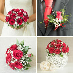 A four-panel wedding collage showcases a cohesive red rose and baby's breath theme, the sort of romantic styling often requested by couples marrying in and around Mill Hill's churches and registry offices. In the top-left image, a bride in a classic white lace dress holds a round, tightly clustered bouquet of velvety red roses, each bloom flawless and full, edged with clouds of tiny white gypsophila flowers. The bouquet's glossy green leaves are just visible around the edges, adding contrast and framing the rich scarlet tones, while soft light creates a gentle glow on the lace sleeves and flower heads. The top-right panel focuses on the groom's boutonniere against a dark grey suit jacket, worn with a crisp white shirt and bold red tie. A single red rosebud, surrounded by sprigs of baby's breath, slender pointed leaves, and a playful curl of decorative grass, is tied at the base with a neat red satin ribbon, echoing the bride's bouquet with a masculine, tailored twist. In the bottom-left scene, a similar red rose and gypsophila bouquet lies sideways on a textured light grey background, its stems wrapped in red and white striped twine that suggests a handcrafted finish perfect for photos taken along Mill Hill Broadway. The bottom-right image presents a low, dome-shaped centerpiece of red roses and white baby's breath arranged on top of a unique spherical white vase made from thin woven material, almost like rattan. Two smaller off-white woven spheres sit nearby, creating a coordinated, contemporary display ideal for wedding breakfast tables in Mill Hill reception venues, uniting bridal flowers, groom's details, and table décor into one elegant story.