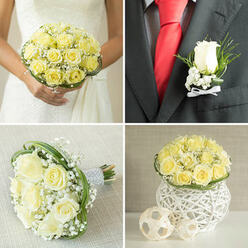 This image centres on a hand-tied bouquet of yellow and cream roses held close, the kind of design that suits a quietly elegant wedding unfolding around Mill Hill Broadway or in one of the nearby churches. The roses are full and perfectly formed, petals layered in soft, velvety spirals that open into generous cups of colour. Shades of pale butter yellow blend smoothly into creamy ivory, giving the bouquet a warm yet gentle glow, like morning light over the rooftops of Mill Hill. Between the larger blooms, tiny stars of baby's breath cluster in airy sprays, their white petals catching the light and lifting the bouquet's overall texture into something cloud-like and dreamy. Loops of fine green grass encircle the roses, some arching neatly across the top, others curving around the sides, creating subtle movement and a contemporary edge without disturbing the overall romantic feel. Deeper green foliage adds depth beneath the roses, giving the arrangement structure and framing the softer tones above. The stems, though only partially visible, appear bound in a clean, unobtrusive wrap that allows the flowers to take centre stage in the holder's hands. Soft, diffused light brushes across the bouquet, enhancing the creamy warmth of the petals and the crisp white of the gypsophila, while the background remains gently blurred, suggesting wedding attire without drawing attention away from the flowers. You can almost imagine the scent-fresh, sweet rose with hints of green-surrounding the couple as they exchange vows. It's a bouquet that feels intimate yet polished, crafted by a local florist in Mill Hill to capture the essence of love, optimism, and shared beginnings.