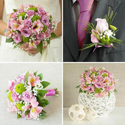 This four-image collage captures a complete wedding floral story in pink, lilac and vibrant green, styled with a polished yet romantic touch that would suit a Mill Hill church wedding as well as a modern civil ceremony. In the top-left image, a bride in a white lace gown, seen from the shoulders to the waist, holds a lush round bouquet. The design is rich with light pink and soft lavender roses, some just beginning to open while others are in full bloom, giving the bouquet dimension and movement. Between the roses, pops of bright green button chrysanthemums provide freshness, while delicate pale pink alstroemeria marked with subtle yellow speckles and clouds of white baby's breath weave through the design, supported by glossy green foliage. In the top-right image, we see a close-up of a charcoal grey suit jacket and a deep fuchsia tie. A neatly pinned boutonniere sits on the lapel, composed of one refined pale pink rosebud, a few green button chrysanthemums, tiny sprigs of gypsophila, and slender arcs of green decorative grass, all tied together with a slim pink ribbon that mirrors the colours in the bridal bouquet. The bottom-left image presents a similar bouquet lying on a light beige textured cloth, allowing the viewer to see the elegant dome of roses, chrysanthemums and alstroemeria from the side, as well as the carefully arranged stems wrapped in bright fuchsia ribbon. In the bottom-right image, a low, rounded centerpiece rests on a crisp white surface. It is housed in a white spherical vase with a decorative woven or lattice pattern and filled tightly with pink and lavender roses, bright green chrysanthemums, pink alstroemeria and baby's breath, flanked by two smaller woven orbs, suggesting how Flowers Mill Hill might coordinate table décor for a local reception.