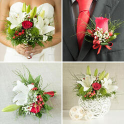 Set neatly at the centre of a wedding table, a woven white vase holds an arrangement that feels both polished and inviting, ideal for a celebration in and around Mill Hill. White lilies stand tall and open, their large, trumpet-like flowers unfolding with serene grace, each petal broad, smooth, and gently curved. Among them, a single red rose nestles confidently, its deep crimson petals forming a rich, layered rosette that draws the eye inwards. Around these focal blooms, spirals of curly greenery add movement and a gentle sense of playfulness, softening the otherwise clean lines of the design. Small, glossy berries cluster near the base and between the flowers, their tones echoing the rose and adding depth and texture to the arrangement. Interspersed throughout are delicate sprays of baby's breath, their tiny white blossoms forming a light, cloud-like veil that helps blend the elements together. The vase itself, with its subtle basket weave pattern, provides textural interest and a stable base while maintaining a simple, neutral presence on the table. Under warm indoor lighting-perhaps in a Mill Hill restaurant or community hall-the palette of white, red, and green appears crisp and fresh, conveying a sense of joyful formality without feeling stiff. The centerpiece sits low enough for guests to talk across, yet visually strong enough to define the table's character. It whispers of thoughtful planning and quiet celebration, the kind of floral piece chosen to mark an important day with understated beauty and lasting charm.