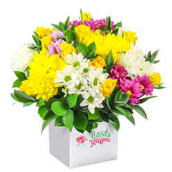 A full, rounded bouquet, rich with texture and colour, rises from a minimalist white square box set against an all-white background, allowing the flowers to command every bit of attention. At first glance, the eye is drawn to the golden-yellow chrysanthemums that dominate the centre, their tightly layered petals creating plush, cushion-like blooms. Around them, small yellow spray roses and delicate rosebuds peek out, some still furled, others beginning to unfurl, giving the arrangement a sense of gentle movement and growth. Interwoven are clusters of white daisy-style flowers with neat green centres and fluffy white chrysanthemums, their soft, cloud-like shapes bringing lightness and balance. Through this tapestry of yellow and white, vivid fuchsia and magenta chrysanthemums cut a playful path, some with subtle variations of lighter pink at the petal edges, adding depth and a hint of drama. Dark, glossy foliage frames the base and surfaces here and there among the flowers, much like the lush greenery of Mill Hill's gardens and nearby green spaces, anchoring the bouquet and highlighting the brightness of the blooms. The white box is cube-shaped and contemporary, an ideal container for easy placement on a hall console, café counter, or office table near Mill Hill Broadway. The arrangement appears carefully composed by an experienced florist, with heights balanced and colours thoughtfully spaced. This is the sort of bouquet that would suit a family celebration in a Mill Hill home, a congratulatory gift for a new baby, or a simple thinking of you sent with same-day delivery across NW7, radiating warmth, optimism, and everyday elegance.