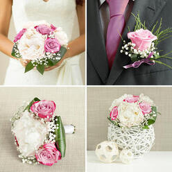 This wedding floral set appears as a lovingly curated moment, frozen just before it's carried out into a Mill Hill celebration. The main bridal bouquet dominates the scene, a lush handful of cream peonies and blush-pink roses, some petals edged with deeper magenta and hints of lavender that add sophistication and depth. Every bloom faces outward in a soft dome, framed by a collar of structured greenery that keeps the shape clean while still feeling organic and free-flowing. Fine sprays of white baby's breath weave through the arrangement, giving a sense of movement and lightness, like a soft mist over Mill Hill's green spaces. Set close by, the groom's boutonnière mirrors the bouquet in perfect miniature: a single polished rosebud in a lilac-pink tone, backed by slender, feathery greenery and finished with a hint of gypsophila. A slim, pale lavender ribbon gathers the stems, with just enough shine to catch the light and link it visually to the main bouquet. The image's light is soft and calm, lending everything a gentle glow that enhances the creamy whites and delicate pinks without overpowering them. Each element of the collection feels purposeful, from the careful repetition of colours to the balance between lush petals and airy filler flowers. It's easy to imagine these florals being carried through a Mill Hill venue, from quiet garden photos to the first dance, their fragrance-rosy, lightly sweet, and fresh-tracing a subtle path through every moment of the day.