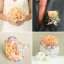 A composed four-image series that reads as a single, elegant floral narrative: peach roses, purple-edged white lisianthus and delicate baby's breath repeated across bridal, groom and reception pieces. Top-left shows a bride holding a rounded bouquet against her ivory gown - the centre stacked with lush pale peach roses, the outer ring sparking with white lisianthus haloed in violet, and airy sprays of gypsophila scattered like confetti; the hidden handle is swathed in a peach-toned wrap whose smoothness contrasts pleasantly with the blooms' velvet petals. Top-right focuses on the groom's boutonniere, pinned to a charcoal suit lapel: one focal peach rose, tiny fronds of greenery, and a whisper of baby's breath, all neatly tied with a blush ribbon that mirrors the groom's solid peach tie beneath - a small emblem of unity between the couple. Bottom-left captures a slightly smaller hand-tied bouquet lying on a soft woven fabric, the ribbon secured with pearl-headed pins that catch the light, suggesting vintage detail for bridesmaids or a toss bouquet. Bottom-right frames a tabletop arrangement in a white woven basket, a rounded dome of roses, lisianthus and gypsophila placed beside two neutral woven spheres, evoking a tasteful reception table setting. The overall impression is of careful craftsmanship, soft early-summer fragrance and a cohesive palette ideal for a Mill Hill wedding - imagine this display at a local venue near Mill Hill Village or a reception on The Ridgeway.
