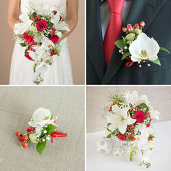In this layered four-image composition the same floral language speaks across different bridal elements, each piece carrying the same vibrant red, pure white and deep green motif. The upper-left frame captures the bride holding a generous cascading bouquet: open white lilies with star-shaped blooms and satin-white phalaenopsis orchids tumble downward beside clusters of velvety red roses, while tiny sprays of white baby's breath and handfuls of red hypericum berries add lively punctuation. The light beige background softens the scene so textures - the lilies' ruffled throats, orchid's smooth petals, waxy berry skins and glossy leaf surfaces - feel almost tactile. The upper-right focuses on a groom's lapel atop a dark charcoal jacket, where a single white phalaenopsis orchid is set off by two clusters of red hypericum berries, small green leaves and a whisper of baby's breath, all neatly bound with a red ribbon loop that mirrors the vibrant red tie beneath the lapel. The lower-left frame offers a close study of a matching pinned corsage laid on woven beige fabric; here the orchid's curve and the tiny berry clusters read as a personal, delicate touch meant to graze the wearer's wrist or lapel. The lower-right displays a centerpiece in a decorative white woven vase, flanked by white spherical décor on a smooth table surface; the arrangement repeats the bouquet's elements - lilies, roses, cascading orchids, sprigs of baby's breath and assorted greens - creating continuity from bouquet to table. Seen through the eye of a Mill Hill wedding florist, this suite feels cohesive and intentional, suited for ceremonies around Mill Hill Broadway or the leafy approach of The Ridgeway, with scents of rose and lily quietly filling the air.