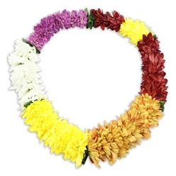 This photograph shows a single lei arranged in a graceful oval, set against a pristine white background that lets every nuance of colour and texture come forward. The lei is built from tightly clustered artificial blossoms that emulate the look of small chrysanthemums or carnations, each bloom brimming with fine, layered petals that create a plush, almost cushion-like surface. Beginning at the upper left edge and following the garland clockwise, the design starts with a generous section of deep, saturated purple, conveying dignity and reverence and making it easy to imagine this piece laid as a tribute in a quiet Mill Hill chapel. The purple yields to a brief yet striking run of snow-white petals, a clean, peaceful interval before the colour lifts into a clear, sunny yellow that feels gently hopeful. As the lei continues, this yellow ripens into a richer golden and amber tone, reminiscent of the warm glow that sometimes stretches across Mill Hill's rooftops on an early evening. The palette then deepens into an area of reddish-brown and maroon blossoms, steady and grounding, perfect for a design intended to honour memory and a life well lived. Just before the ring joins again, a final burst of bright yellow appears, completing the circle with a reassuring touch of light. Tiny flashes of deep green fabric leaves peep through at a few of the transitions, adding a subtle, natural accent without disturbing the smooth line of the oval. The even fullness of each flower and the consistency of the colours mark this as a high-quality artificial lei, ideal for funeral tributes, cremation flowers, or memorial tables where families in Mill Hill may wish their flowers to remain beautiful throughout the day. A faint shadow beneath the lei provides gentle three-dimensionality, as if the garland is hovering slightly above the background, poised to be offered in a final gesture of aloha, love, and respect.