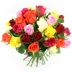 A lavish cluster of roses in a rainbow of warm, romantic shades fills the centre of the image, standing out crisply against a bright white background, much like a showpiece bouquet waiting to be delivered along Mill Hill Broadway. The flowers are arranged in a tightly gathered, rounded shape, giving the impression of richness and abundance, as if there are dozens of blooms woven together. Deep red and crimson roses anchor the design, surrounded by softer pastel pinks, vivid magenta and fuchsia tones, golden yellows, glowing orange and tangerine blossoms, and delicate cream and ivory roses that lighten the overall palette. The colours are expertly mingled, creating soft transitions rather than rigid blocks, with each hue enhancing the next. Texture plays a key role: petals appear velvety and layered, spiralling outwards in generous curls, some blossoms wide open, others still cupped and shy, adding dimension and life. Between these colourful heads, glimpses of dark, glossy green leaves appear, like small pockets of shadow and structure, similar to the hedgerows and trees that frame the residential streets around Mill Hill East. The stems, visible below the blooms, are strong and evenly cut, gathered firmly at the base and bound with a green and white gingham ribbon that suggests careful, artisan craftsmanship from a local florist. The bright lighting and neutral backdrop draw attention solely to the bouquet, highlighting the freshness of each rose and the subtle interplay of light and shadow on the petals. The overall feeling is joyful yet elegant, making this bouquet suitable for celebrations, heartfelt thank-yous, or romantic gestures shared across the NW7 community.