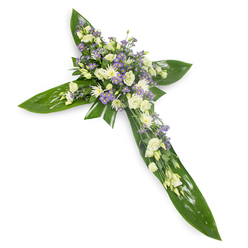 Viewed from a slight overhead perspective on a plain white field, this elegant sympathy cross is built upon broad, lustrous green leaves that form a bold, structured base-each leaf laid to reveal its midrib and smooth, reflective surface, suggesting tropical Ti foliage or similarly glossy greens. At the intersection and along the length of the arms, clusters of soft, creamy white lisianthus unfold their layered petals, some open and some in gentle bud, creating a feeling of tender unfolding. Grouped close by are small white chrysanthemums with compact, rounded heads that catch the light and add clean highlights, while interlaced sprays of pale lavender limonium or tiny asters introduce a delicate, cool counterpoint and a note of quiet grace. Slim sprigs of finer green filler tuck into the composition, lending texture and a soft, organic transition from leaf to bloom. The lighting is gentle and even, bathing the flowers in a subdued glow so the colours remain tranquil rather than vivid, evoking early-morning calm. This cross reads as a respectful memorial piece, chosen to express sympathy and enduring remembrance at services or graveside gatherings around Mill Hill Village or The Ridgeway, where families look for composed, comforting floral tributes that reflect faith, serenity, and the permanence of nature's quiet beauty.