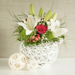 Displayed against a gently textured, light neutral wall, this floral centrepiece feels like it was designed for an intimate Mill Hill wedding or engagement dinner at a local restaurant. The arrangement is grounded by a distinctive spherical vase, pure white and constructed from looping, interlaced bands that create a light, airy cage, reminiscent of woven rattan reimagined in a contemporary style. From this sculptural base rises a luxurious mix of blooms and foliage in white, red and green. Several white lilies take pride of place, their broad petals arched gracefully back to reveal elongated yellow stamens and subtle speckles near the throat, while unopened buds stand tall above, promising perfumed blooms over the following days. Beside them, velvety red roses introduce a rich romantic note, with one central flower in particular capturing attention, its petals folded inward in a tight, elegant spiral, much like a bride's bouquet resting between photographs in Mill Hill's leafy gardens. Bright green pompon flowers, with their dense, cushion-like texture, tuck between the lilies and roses, echoing the round form of the vase and providing a playful contrast. Airy sprays of baby's breath thread delicately through the arrangement, adding lightness and softness, while small clusters of deep red berries give a hint of seasonal warmth. Wispy strands of fern-like greenery and broader dark leaves cascade around the edges, softening the silhouette and adding movement, as if stirred by a gentle breeze across Mill Hill Park. To the left, two small decorative spheres made from pale, woven material sit casually on the surface, echoing the open-weave design of the vase and completing the composition. The overall mood is one of refined, modern romance, ideal for table settings and same-day wedding flower delivery throughout Mill Hill and nearby North London areas.