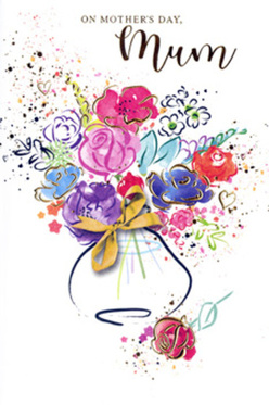 On this expressive Mother's Day card, a loose, watercolour bouquet blooms against a pure white background, as if freshly imagined in a quiet corner near Mill Hill East. The flowers are painted in sweeping strokes of vivid pink, cerise, and rosy magenta, their petals softly framed by dashes of deep indigo that lend depth and contrast. Between these lively blooms, cooler notes of sky blue, lavender, and muted apricot weave through, calming the composition and evoking the serene greenery found around Mill Hill Park. Delicate lines of shimmering gold flicker along petals and stems, catching the light like sunshine filtering through trees on a spring afternoon. The bouquet gathers in a softly rounded vase suggested by pale washes of colour, with a small golden bow painted at its base, hinting at the familiar moment when a florist ties the final ribbon before a bouquet leaves the shop. Around the flowers, loose splatters, speckles of paint, and subtle heart shapes create a sense of carefree movement, as if petals were drifting in the air over Mill Hill Broadway on a breezy day. Each element feels intentionally placed yet easy and relaxed, mirroring the way a locally crafted arrangement might be designed for a family home off Lawrence Street or near Daws Lane. The card radiates warmth, gratitude, and gentle celebration, capturing that wish to wrap a mum in love, whether she's receiving flowers at a townhouse overlooking local green spaces or enjoying a quiet breakfast in a Mill Hill kitchen filled with fresh blooms.