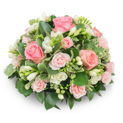 A meticulously crafted, domed bouquet of soft pink roses and pure white freesias, presented on a stark white surface so every petal and leaf stands out. The dominant pink roses range from full, open blooms with layered, velvety petals to smaller spray roses that knit the composition together and provide gentle tonal shifts from warm salmon-pink to pale blush. Interwoven clusters of white freesia lift through the roses-some blossoms open into delicate, bell-like faces revealing faint yellow stamens, others remain as slim, promising buds-adding both verticality and a tender, honeyed scent. The greens are abundant: deep, glossy leaves form a plush backdrop while variegated foliage with cream-edged margins gives a crisp, lively contrast that keeps the whole piece from feeling flat. The arrangement is densely packed with no visible stems, sculpted into a compact, rounded silhouette that casts a soft shadow and feels comforting and composed. The natural daylight in the image accentuates the petals' softness and the subtle tonal gradations, conveying a calm, reverent mood. Designed with sympathy and quiet celebrations in mind, this floral cushion would suit a memorial gathering at Mill Hill Broadway church, a bedside get-well gift, or a serene centerpiece for a small remembrance event in the Village. Available for local delivery across Mill Hill and nearby streets, the bouquet embodies the restrained elegance and heartfelt care a local florist would choose for times of solace or gentle celebration.