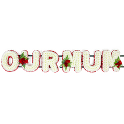 A carefully constructed "OUR MUM" floral tribute is displayed here as though ready for delivery to a funeral or memorial gathering in Mill Hill. The tribute is arranged horizontally, all three words attached along a sturdy, dark green bar that discreetly runs behind the letters. Each capital letter has been formed using densely packed white chrysanthemums, their small, rounded flower heads overlapping so closely that the surface looks like a continuous cushion of petals. The texture appears soft and slightly undulating, catching the light in tiny highlights and shadows that suggest freshness and coolness to the touch. Surrounding the white centre of each letter, a precise border of deep red flowers-likely spray carnations-is arranged to create a clean outline. This border frames the words and adds a richness that contrasts beautifully with the purity of the white base. To deepen the sentiment, three clusters of red roses are placed thoughtfully along the tribute. One group rests between the "O" and the "U", another between the "U" and the first "M", and the last near the end of the final "M". The roses are fully opened, with multiple velvety petals spiralling inward, and are cradled in a mix of green foliage and feathery ferns. The colour palette remains focused and symbolic: white for innocence and farewell, red for love, and green for life continuing on. Imagining this piece created by Flowers Mill Hill, you can see it placed in a peaceful chapel off The Ridgeway or near the calm spaces of Mill Hill Cemetery, where families pause to remember. The design feels both traditional and deeply personal, speaking gently of gratitude and the bond between a mother and her family.