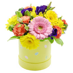 This Easter hatbox arrangement looks like a bright, joyful burst of springtime, carefully created to bring warmth and colour into a Mill Hill home or office. The flowers form a rounded, compact dome, tightly arranged so the eye travels smoothly over petals rather than stems or gaps. At the focal point sits a large, soft pink Gerbera daisy, its many evenly spaced petals circling a fresh light green centre, offering a gentle, open expression that feels both welcoming and calm. Clustering around it are sunny yellow chrysanthemums, their slim petals splaying outward like little starbursts of light, adding energy much like the first clear afternoon over the fields near Mill Hill Park. Nestled between these are plush coral-orange carnations, whose ruffled, layered petals bring volume and a comforting softness to the design. Rich, violet-purple lisianthus blooms are dotted throughout, some tightly budded, others open to reveal their velvety centres, lending an air of elegance and depth that balances the cheerful yellows and pinks. All of the blooms rise from a cylindrical pastel lime-yellow hatbox, smooth to the eye, decorated with playful pastel Easter eggs in pale blue, pink, and cream, a subtle nod to seasonal celebrations. Fresh greenery frames and supports the flowers, including some leaves with delicate pale variegation along their edges, which softens the transitions between colours and adds a sense of movement. Presented against a plain white background, the colours seem to glow. This arrangement would sit beautifully on a dining table in a Mill Hill Broadway flat, in a café near the station, or as a thoughtful spring gift delivered across Mill Hill and nearby areas such as Totteridge and Edgware, capturing the optimistic spirit of the season.