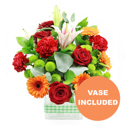In this photograph, a joyful mixed-colour bouquet stands confidently against a clean white background, like a little celebration waiting to be placed on a windowsill overlooking the green spaces of Mill Hill. The flowers are arranged in a sleek, rectangular clear glass vase, its transparency revealing neatly aligned stems and water, while a band of light green and white gingham ribbon wraps the base, lending an inviting, homely note. At the heart of the arrangement are deep crimson roses, their velvety petals layered in tight spirals that speak of affection and care. Surrounding them, richly hued red-orange carnations provide a ruffled, textural counterpoint, making the bouquet feel generous and full. Interspersed among these are bright orange gerbera daisies with dark, well-defined centres, their wide, flat petals radiating outward like bursts of sunshine, echoing the cheerful feel of a weekend stroll along Mill Hill Broadway. Taller white Oriental lilies rise above the lower blooms, some fully open to reveal soft pink veining and delicate stamens, others held in elegant buds that will unfold gradually, extending the life and fragrance of the display. Dotted throughout, lime-green button chrysanthemums bring a playful, modern freshness, their small, rounded shapes providing visual contrast. The flowers are supported and framed by a mix of glossy deep green foliage and silvery eucalyptus sprigs, adding both depth and a hint of cool, aromatic calm. In the bottom right corner of the image, a circular orange badge with bold white text clearly states VASE INCLUDED, highlighting that this exuberant arrangement arrives as a complete, ready-to-place gift, ideal for birthdays, housewarmings, or simple everyday joy in homes and offices around Mill Hill and neighbouring suburbs.