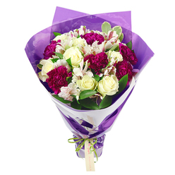 In this carefully styled photograph, a hand-tied bouquet appears almost luminous against a pure white background, every detail revealing the artistry of local florists used to creating gifts for homes around Mill Hill Broadway and Lawrence Street. The bouquet has a compact, domed shape at the top, where creamy white roses are arranged with deliberate care. Their petals curl softly outward in layered spirals, each rose catching the light in such a way that you can almost imagine their gentle fragrance. Surrounding and weaving between them, deep magenta carnations bring depth and contrast; their densely frilled petals create a rich, tactile texture that invites the hand as much as the eye. White alstroemeria thread through the design like fine brushstrokes, their slender petals adorned with delicate pink-red streaks and tiny spots that draw attention to the darker stamens at their centre, offering a subtle sense of structure. Fresh, glossy green foliage fans out around the blooms, some leaves edged with pale variegation, giving a sense of movement and freshness, reminiscent of the greenery around Mill Hill's leafy gardens. The stems are neatly gathered and dressed in a chic double wrapping: first, a crisp white paper layer that forms a tidy collar around the flowers, then an outer layer of translucent purple cellophane or tissue that crinkles softly and adds a soft, celebratory sheen. At the base, an iridescent green satin ribbon is tied into a small, perfectly formed bow, securing the stems and adding a playful touch of colour. A small rectangular kraft tag dangles from the ribbon, left blank, hinting that it will soon carry a message for a birthday, anniversary, or heartfelt thank-you delivered to a doorstep in Mill Hill or along nearby Pursley Road.