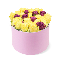 From Flowers Mill Hill this elegant box arrangement speaks of artistry and celebration, perfect for a milestone moment. The round pastel pink box, with its soft suede-like finish, cradles a dense dome of thirty to forty roses. The bouquet centers on bright yellow roses, their petals still folded in a fresh bloom of promise, forming a luminous core that radiates warmth like sunlit mornings along Mill Hill Broadway. Interwoven among them are deep burgundy or purple roses, adding gravity and mystery to the composition. The arrangement stays plush and compact, tightly packed to maximize impact while remaining balanced so the stems stay firm and the blooms sit proudly above the rim. Minimal greenery keeps the focus on color, letting the yellow and plum hues tell the story. Lighting is bright and clear, highlighting the velvety petals and the pink box's soft texture. This piece speaks of elegance and thoughtful intent, ideal for a milestone birthday, an anniversary, or a grand romantic gesture in Mill Hill. Crafted with care, it showcases the designer's refined touch and is ready for same-day delivery across Mill Hill and nearby areas, delivering joy to homes and offices with effortless grace.