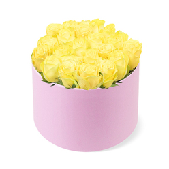 A round pastel pink hat box overflows with bright yellow roses, poised against a spotless white background that makes every petal and contour stand out, as though photographed in the calm of a Mill Hill studio. The box itself is softly cylindrical, with a gentle matte finish that looks like velvet or fine suede, giving the container a tactile richness even in a still image. Tucked tightly inside are around two dozen freshly opened yellow roses, arranged so that their heads press closely together, forming a perfectly rounded dome that lifts proudly from the rim. The roses show a beautiful gradation of colour: deep, buttery centres that melt into paler, lemony outer petals, each bloom layered in silky spirals that suggest fullness and movement. Here and there, small slivers of green foliage peek through the sea of yellow, adding delicate variation without interrupting the overall smooth surface. The lighting is even and bright, casting no harsh shadows, which allows the contrast between the joyful yellow blooms and the gentle pink hat box to appear crisp and clear, like sunlight breaking over Mill Hill's tree-lined streets. You can easily imagine this arrangement resting on a polished dining table in a home off Bittacy Hill or on a sideboard near Mill Hill East station, bringing a sense of cheer to everyday life. The emotional tone of the piece is one of gentle celebration and warmth, making it perfect for birthdays, thank you gestures, or congratulations gifts ordered for delivery around NW7. In the image, you sense the skilled hand of a local florist from Flowers Mill Hill, whose attention to symmetry, colour harmony, and fresh, high-quality stems creates a modern, gift-ready design that feels both luxurious and heartfelt.