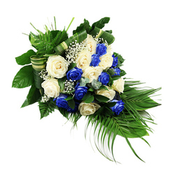 An elegant, asymmetrical funeral spray of blue and white roses is shown against a bright white background, flowing diagonally like a soft stream from left to right. The upper left of the arrangement is full and rounded, gradually tapering down to a slender point at the lower right, creating the classic teardrop or sheaf profile often chosen for services in Mill Hill's churches and chapels. At its centre, around two dozen roses are grouped in a balanced rhythm of colour. Deep sapphire blue roses, richly saturated and cool, nestle alongside ivory and warm white roses whose petals appear velvety and gently ruffled at the edges. Between these larger blooms, feathery tufts of white baby's breath drift lightly, filling the gaps with a mist-like texture and softening the high contrast between blue and white. The roses are cradled in a generous bed of mixed greenery. Broad, glossy dark green leaves form a structured base along the top and left, while bright, feathery fern fronds rise above and around the blooms, adding height and gentle movement. From the lower right, long palm fronds trail and curve outward, echoing the downward flow and lending a sense of quiet grace. Interspersed among the foliage are bluish-green, eucalyptus-style sprigs that offer a cooler note and varied leaf shape. Several of the broad leaves have been carefully folded, twisted, and wrapped into striped green bands, a subtle design detail that reveals the florist's artistry. The arrangement evokes calm, dignity, and quiet support, making it a fitting tribute for expressing sympathy and remembrance across Mill Hill, Totteridge, and the surrounding North London communities.