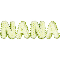 A tender, hand-crafted memorial reads NANA in four bold letters, each formed from densely packed white chrysanthemums that create a soft, cloud-like volume with a delicate, tactile surface. The tiny, rounded blooms sit so close together that the letters take on a sculptural solidity, their edges softened by the natural curvature of the petals. Around each character a vivid green trim-either glossy foliage or a neatly folded satin ribbon-outlines and defines the shape, the verdant colour providing a fresh, life-affirming contrast to the immaculate white faces of the chrysanthemums. The composition sits against a clean white backdrop under even, gentle light that highlights the depth of the arrangement and the subtle shadows between individual florets. There is a mild, comforting green-floral scent that suggests the flowers are recently prepared and well hydrated. Intended as a sympathy tribute for a beloved grandmother, the piece conveys a quiet dignity and a warming sense of presence that reaches out to bereaved family and friends. It is the kind of arrangement families around The Ridgeway and Mill Hill Park might choose for a funeral service or chapel visit - straightforward, heartfelt, and easy to read from a distance. The craftsmanship feels personal and skillful, the floral density and neat green edging showing the attention of an experienced local florist who understands how to balance readability with softness and how to translate love into floral form.