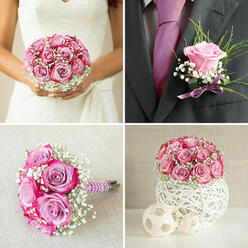 The image focuses on a groom's boutonniere carefully fastened to the lapel of a charcoal suit, the fabric's dark tone providing a strong backdrop for a perfectly formed pink rose. The rose sits at the centre of the composition, its outer petals delicately curved and its heart tightly spiralled, conveying a sense of freshness and poise. Nestled around the bloom are light touches of greenery and small, cloudlike clusters of white gypsophila, adding softness and dimension without overpowering the main flower. A smooth ribbon, likely velvet or satin, is wrapped cleanly around the visible stem ends, its rich texture echoing the formality of the suit and the elegance of a Mill Hill wedding celebration. Gentle, natural light grazes the rose, enhancing the subtle gradations of pink from soft blush at the edges to a warmer hue at the centre, while also hinting at the faint sheen of the lapel. The boutonniere feels both traditional and contemporary: classic in its choice of rose and baby's breath, yet modern in its clean lines and unfussy composition. One can imagine the groom standing outside a venue near Mill Hill Park or arriving at a reception close to the Broadway, the single rose becoming a quiet focal point in photographs and shared moments. The piece suggests expert floral handling-stems bound securely, floral tape hidden, and each element angled just so, so that nothing protrudes awkwardly. While the photograph cannot convey scent, it invites you to imagine the soft fragrance of the rose mingling with crisp outdoor air as guests greet the groom with warm hugs and congratulations.