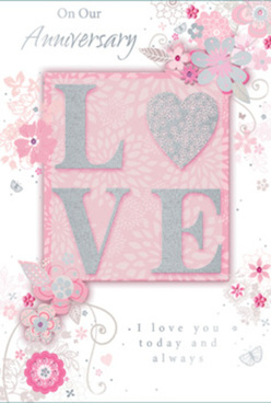 This anniversary card exudes a quiet elegance, like a treasured find from a small Mill Hill gift shop on the high street. The palette is hushed and refined: pearly whites, soft greys, and powdery blush pinks blend gently across the card's surface, creating a soothing, romantic backdrop. At the centre, the word "LOVE" appears in raised, textured letters, each one edged with delicate glitter that catches the light without overwhelming the senses. The letters rest upon a blush-toned panel that appears to glow softly, almost like the last rays of evening sun over the green spaces of Mill Hill. Around this central motif, a delicate spray of illustrated flowers and swirling vines drifts across the card. Each blossom is finely detailed, with petals shaded in gentle gradients and hints of silver foil accenting the edges, bringing to mind the meticulous artistry of a florist composing a romantic bouquet for local delivery. The vines curl and loop with effortless grace, filling the card with a sense of lightness and celebration, yet maintaining a calm, balanced composition. The overall lighting feels natural and warm, as if the card were being admired by a window in a Mill Hill living room. A refined script spells out heartfelt anniversary sentiments, its flowing strokes harmonising with the floral curves. The card feels like a scented memory captured on paper-soft, enduring, and carefully arranged, evoking shared walks through nearby parks, quiet dinners at home, and a love that has matured gently over time.