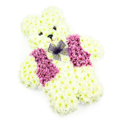 This photograph shows a tender teddy bear funeral tribute, its entire shape rendered in flowers with a sense of care that feels deeply personal. The bear is built from hundreds of fresh white chrysanthemums, each bloom placed so closely that the surface looks like soft, brushed fur. From its rounded ears and gentle brow to its stocky paws and little feet, the bear's outline is smooth and inviting, as though it might offer a comforting hug. Hints of creamy ivory at the center of the chrysanthemums give warmth and depth, preventing the white from feeling stark. Two small, dark, bead-like eyes gaze forward, paired with a tiny black triangular nose that completes an expression of quiet kindness. A subtle hint of pale pink petals describes a mild, reassuring smile. Across the front of the bear, a waistcoat in rich tones of deep pink and magenta chrysanthemums provides a joyful contrast, the clustered blooms looking like tiny, velvety buttons and panels of fabric. At the top of the waistcoat, a delicate bow made from sheer purple netting rests at the neck, bringing a final touch of playful elegance. The tribute is set against a clean white background, with gentle, even lighting that highlights every petal and curve. Created for local families in Mill Hill, it is easy to imagine this piece being delivered to a chapel near Mill Hill East station or a service close to Mill Hill Park. This floral teddy is especially suited to children's farewells, baby tributes, or memorials where a symbol of tenderness and protection is needed, offering a soft, visual embrace when words feel too small.