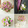 This four-image collage captures a complete wedding floral story in pink, lilac and vibrant green, styled with a polished yet romantic touch that would suit a Mill Hill church wedding as well as a modern civil ceremony. In the top-left image, a bride in a white lace gown, seen from the shoulders to the waist, holds a lush round bouquet. The design is rich with light pink and soft lavender roses, some just beginning to open while others are in full bloom, giving the bouquet dimension and movement. Between the roses, pops of bright green button chrysanthemums provide freshness, while delicate pale pink alstroemeria marked with subtle yellow speckles and clouds of white baby's breath weave through the design, supported by glossy green foliage. In the top-right image, we see a close-up of a charcoal grey suit jacket and a deep fuchsia tie. A neatly pinned boutonniere sits on the lapel, composed of one refined pale pink rosebud, a few green button chrysanthemums, tiny sprigs of gypsophila, and slender arcs of green decorative grass, all tied together with a slim pink ribbon that mirrors the colours in the bridal bouquet. The bottom-left image presents a similar bouquet lying on a light beige textured cloth, allowing the viewer to see the elegant dome of roses, chrysanthemums and alstroemeria from the side, as well as the carefully arranged stems wrapped in bright fuchsia ribbon. In the bottom-right image, a low, rounded centerpiece rests on a crisp white surface. It is housed in a white spherical vase with a decorative woven or lattice pattern and filled tightly with pink and lavender roses, bright green chrysanthemums, pink alstroemeria and baby's breath, flanked by two smaller woven orbs, suggesting how Flowers Mill Hill might coordinate table décor for a local reception.