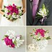 This wedding collage of four images showcases a coordinated floral story that feels perfectly suited to Mill Hill's blend of green spaces and village charm. In the top-left frame, the bride's torso is visible in a strapless white gown, her hands gently wrapped around a lush, rounded bouquet. The bouquet is dominated by deep magenta peonies, their petals layered and velvety, mixed with white alstroemeria petals subtly streaked with maroon. Light green, slightly spiky flowers and glossy dark foliage fill in the gaps, creating a full, textured look that stands out beautifully against the simplicity of her dress, much like bright blooms against the greenery of Mill Hill Park. The top-right panel draws in on the groom's charcoal suit and soft lavender tie. Pinned to his lapel is a petite boutonniere of white alstroemeria, tiny green buds, and slender leaves, all tied together with a lavender satin ribbon that echoes the tones in the bride's bouquet, a detail that reflects the care of an experienced Mill Hill florist. In the bottom-left image, a smaller bouquet lies on a beige, textured surface, composed of the same vivid peonies, white alstroemeria, and green foliage. Its stems are wrapped tightly with bright lavender ribbon, ready for a bridesmaid or as a toss bouquet on Mill Hill Broadway after the ceremony. The bottom-right frame shifts the focus to a reception table: the same blooms are arranged into a compact centerpiece placed in a white, woven, spherical vase, accompanied by three lighter wicker spheres. The repetition of colour and material unites the full wedding design into one graceful, memorable theme.