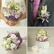 An elegant wedding bouquet is shown resting carefully on a tabletop, styled as if it has just been set down between photographs at a Mill Hill ceremony. The compact yet full arrangement rises from a modern white wicker vase, its rounded form brimming with cool-toned flowers that look freshly gathered from a refined garden. Creamy lisianthus blooms dominate the composition, their petals layered and plush like silk, while stems of pale pink stocks weave delicately through the centre, adding height and gentle romance. Pockets of vibrant purple flowers are tucked among the softer shades, bringing a lively twist to the otherwise serene palette. Around the outside, curved trails of glossy greenery loop and arch, enclosing the flowers like a crown and giving the design its distinctive, contemporary silhouette. The natural daylight appears to filter in from a nearby window-perhaps overlooking the green spaces around Mill Hill Park-caressing each petal and making the whites glow softly against the deeper purples. The wicker vase has a clean, sculptural presence, its crisp white surface echoing the purity and simplicity of the wedding theme while providing a stable base for the abundant blooms. Though silent in the image, the imagined fragrance is a whisper of freesia, sweet pea and fresh foliage, the kind of scent that lingers gently over a reception table without overwhelming conversation. This arrangement feels ideal for intimate wedding breakfasts in Mill Hill restaurants or cosy home celebrations, a piece that radiates craftsmanship, calm joy and a quietly luxurious style shaped by an experienced local florist.