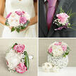 This wedding floral set appears as a lovingly curated moment, frozen just before it's carried out into a Mill Hill celebration. The main bridal bouquet dominates the scene, a lush handful of cream peonies and blush-pink roses, some petals edged with deeper magenta and hints of lavender that add sophistication and depth. Every bloom faces outward in a soft dome, framed by a collar of structured greenery that keeps the shape clean while still feeling organic and free-flowing. Fine sprays of white baby's breath weave through the arrangement, giving a sense of movement and lightness, like a soft mist over Mill Hill's green spaces. Set close by, the groom's boutonnière mirrors the bouquet in perfect miniature: a single polished rosebud in a lilac-pink tone, backed by slender, feathery greenery and finished with a hint of gypsophila. A slim, pale lavender ribbon gathers the stems, with just enough shine to catch the light and link it visually to the main bouquet. The image's light is soft and calm, lending everything a gentle glow that enhances the creamy whites and delicate pinks without overpowering them. Each element of the collection feels purposeful, from the careful repetition of colours to the balance between lush petals and airy filler flowers. It's easy to imagine these florals being carried through a Mill Hill venue, from quiet garden photos to the first dance, their fragrance-rosy, lightly sweet, and fresh-tracing a subtle path through every moment of the day.
