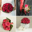 This four-image wedding collage showcases a thoughtfully coordinated red rose collection, the sort of refined styling that would feel at home at a Mill Hill reception overlooking green spaces near Mill Hill Park. In the top-left panel, a bride in a simple white gown holds a compact, rounded bouquet with both hands. The flowers are deep crimson roses, tightly grouped so their soft, velvety petals create a full, almost cushion-like dome. Among them, red hypericum berries peek out, adding gentle highlights. The entire bouquet is encircled by a smooth ring of dark green foliage at the base, giving it a tidy, tailored outline against the white fabric of her dress. In the top-right panel, attention turns to the groom's charcoal grey suit. A single red rosebud boutonniere is pinned neatly to the lapel, its petals just beginning to open. Slender green foliage, reminiscent of ruscus, and tiny, cloud-like sprays of white gypsophila soften the bold red bloom, while a few miniature red berries tie it back to the bridal bouquet. The stems are held together with a narrow red satin ribbon bow that coordinates with his vivid red tie and crisp white shirt. The bottom-left image depicts another bouquet resting on a textured beige surface, perhaps prepared for a bridesmaid or to dress a ceremony table at a venue near Mill Hill Broadway. Several fully opened red roses mix with round, glossy red hypericum berries, cradled within broad, dark green tropical-style leaves that fold and arch to form a distinct sculptural edge. A red ribbon is wrapped around the stems, visible to the right like a final flourish. In the bottom-right panel, a dome-shaped table centre of red roses and berries sits atop a white woven spherical base crafted from pale natural fibres. Two smaller, light wood-toned woven balls rest beside it on a smooth, pale surface, set against a soft beige and grey wall. The collage reveals a unified red rose and berry theme, connecting personal flowers and reception décor into one romantic Mill Hill wedding vision.
