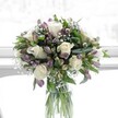 A softly illuminated floral arrangement stands in a clear cylindrical glass vase, its long green stems visible through the water and neatly aligned as though just prepared on a Mill Hill florist's workbench. At the heart of the bouquet, several creamy white roses are fully open, their velvety petals spiralling outward in perfect rosettes that suggest quiet romance and gentle celebration. Around them weave clusters of lavender and muted purple alstroemeria, some buds still tightly furled, others partly unfurling to reveal delicate veining in deeper violet tones. Between the larger blooms, tiny white clouds of baby's breath float like mist, softening every edge and adding a light, airy texture. Lush, glossy foliage in varying shades of green frames the flowers, with broad dark leaves and slimmer stems providing both structure and a sense of fresh garden abundance. The bouquet is shaped into a full, rounded dome, each blossom thoughtfully positioned so that the whites and purples blend in a calm, harmonious balance. Soft natural light, similar to what you might find filtering through a window near Mill Hill Broadway on a bright morning, bathes the arrangement and creates subtle highlights on petals and glass. The overall impression is one of purity, hope, and refined tenderness, the kind of vase arrangement you might place in a quiet living room or beside a bedside table to offer comfort, sympathy, or heartfelt congratulations. Though the image is still, you can almost sense a faint floral perfume, delicate and powdery, rising from the roses and alstroemeria and mingling with the crisp scent of fresh greenery.