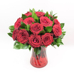 A lush, classic bouquet of deep red roses stands in sharp focus against a pure white studio background, every detail revealed as if the flowers were lit by soft midday light streaming over Mill Hill. Around a dozen long-stemmed crimson roses, each bloom fully open yet still perfectly cupped, form a rounded, symmetrical dome of velvety petals. The roses are a rich, wine-dark red, their spiralling centres drawing the eye inward, while the outer petals curl gently, suggesting movement and tenderness. Between the flowers, glossy dark green foliage, likely Ruscus, fans out in neat, pointed leaves, framing the roses and giving the arrangement a full, generous silhouette. The stems gather neatly into a translucent ruby-red glass vase with a slightly flared rim and base, its gently ribbed or swirling texture catching the light in subtle highlights and shadows. Through the coloured glass, the vertical lines of the rose stems appear deeper and more mysterious, adding depth and a hint of natural disorder beneath the composed blooms. The overall effect is polished yet romantic, like something you might send for an anniversary dinner at home overlooking Mill Hill Park or as a grand Valentine's gesture delivered across NW7. The bouquet feels intentionally crafted, each rose carefully turned outward so its face is visible, as if offering its affection openly. There is an imagined soft, classic rose fragrance that would fill a quiet living room or a restaurant table, evoking passion, devotion, and a sense of special occasion, perfectly suited to heartfelt declarations of love or meaningful celebrations in Mill Hill.