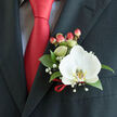 A detailed, close-up image of formal wear where floral craft meets menswear: a white Phalaenopsis orchid rests at the centre of a boutonnière, pinned on the left lapel of a dark charcoal suit jacket. The orchid's expansive, silky petals glow softly against the tailored fabric, and its yellow-tinged labellum creates a discreet, intricate focal point. Surrounding the bloom, deep green glossy foliage forms a solid, calming backdrop, while tiny sprays of baby's breath float like confetti, adding an airy, nostalgic softness. Rounded hypericum berries in a warm coral-red cluster to one side, their sheen mirroring the satin of the solid red tie and providing an elegant colour echo. A narrow red satin ribbon is tied crisply around the stems, the knot visible beneath the lapel and harmonising with the shirt's subtle light-hued grid peeking at the collar. The composition captures texture - the cool silk of the orchid, the firm roundness of berries, the smoothness of wool - and suggests the scene: a groom preparing for a ceremony near Mill Hill Broadway station or a guest arriving to celebrate at a nearby hall. As a local florist might note, the piece balances formality with freshness, created to sit comfortably against the suit while offering just enough visual flourish for a memorable, photographed moment.