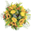 This radiant, hand-tied bouquet channels the cheerful atmosphere found at weekend markets in Mill Hill. Towering sunflowers take center stage, their golden petals framing dark centers, while plush yellow roses nestle among them, their spiraled forms exuding classic beauty. Sparkling orange blossoms add zest and energy, set off by vibrant red berries scattered throughout, reflecting the lively spirit of Mill Hill's community. The bouquet is richly enveloped by textured greens: soft, arching fern fronds, fluffy chartreuse filler, and the cool, silvery haze of eucalyptus leaves that add both aroma and visual calm. Peeking from beneath, tones of deep green and rusty red echo the changing shades of local landscapes. Presented on a crisp white background, each flower and leaf stands out, the whole arrangement crafted with the expert hands and thoughtful heart that define Mill Hill's floristry. Whether marking a birthday, sending thanks, or welcoming guests into a home, this bouquet promises abundant joy and neighborly warmth, available for delivery throughout NW7.