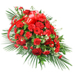 In this image, a sumptuous red floral spray is presented against a bright white background, its elongated, gently tapered form suggesting it is intended as a casket spray or prominent funeral tribute. The central portion is densely packed with deep red roses, some tightly furled and others fully open, their velvety petals forming layered spirals that draw the eye inward and evoke feelings of devotion and remembrance. Around and between the roses, red carnations are woven in generous clusters, their ruffled petals providing a soft, textured cushion that adds volume and richness to the display. Interspersed through the central mass, several red gerbera daisies stand out with their flat, open faces and darker centres, introducing a bold, graphic note that contrasts elegantly with the softer forms of the roses and carnations. Delicate white filler flowers, such as baby's breath or small white chrysanthemums, are scattered sparingly throughout, offering tiny points of brightness and air that keep the composition from feeling too heavy. Near the upper section, a wide red satin ribbon takes pride of place, folded into a large, ornamental bow whose glossy loops catch the light; its long tails trail gracefully down through the arrangement, reinforcing the flowing, elongated line. Surrounding the flowers, long, sweeping palm fronds extend outward from the base and sides, giving the spray its commanding length and framing it with graceful arcs. Deeper green leaves, likely salal or ruscus, fill the inner spaces, while a few finer, fern-like fronds soften the transitions between petals and foliage. The overall mood is one of solemn beauty and heartfelt emotion, a carefully crafted funeral spray that a trusted Mill Hill florist could deliver to local churches, crematoria, or family homes to honour a loved one with warmth, respect, and lasting affection.