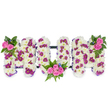 A large, three-dimensional sympathy tribute spelling out MUM, photographed against a clean white backdrop, formed from a plush carpet of pristine white chrysanthemums that give each letter a soft, cloud-like texture. Scattered through the white base are small clusters of deep magenta and purple spray blooms that create a gentle patterned depth, while vivid pink spray roses act as warm focal points-one nestled at the upper left of the first M, another mirrored at the upper right of the second M, and a tender cluster tucked between the U and the second M. Rich, dark green fern fronds and mixed foliage curl around the rose clusters, delivering a cool contrast to the creamy whites and bright pinks, and tiny blue accent flowers add delicate pinpricks of colour that catch the eye. A subtle dark horizontal bar runs behind the letters, holding the composition together and giving the overall silhouette a composed, structured feeling appropriate for a funeral chapel or memorial table. The craftsmanship shows in the careful spacing of the magenta accents within the chrysanthemum field and in the way the roses are arranged to read as gentle punctuation points across the piece. Soft studio light highlights the petals' texture and the arrangement's quiet dignity, suggesting the fragrance of fresh blooms and a mood of reverent remembrance. This design conveys both the hush of mourning and a celebration of a mother's life, an understated yet personalised floral tribute often chosen for wakes and services in and around Mill Hill, where local families appreciate carefully made memorial arrangements by experienced florists familiar with the community's needs.