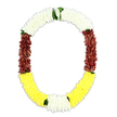 The photograph shows a refined, ceremonial funeral garland in a generous U-shape, set against a clean white background so the flowers and colours can be appreciated in full, as if it were laid out on a presentation table in a Mill Hill flower studio. The top curve of the garland glows with a dense band of pristine white blossoms, resembling miniature chrysanthemums or delicately strung jasmine, the petals packed closely enough to give a soft, cloud-like impression of purity and serenity. From this quiet, luminous arch, the garland flows gently downward on both sides into sumptuous maroon sections, rich and reddish-brown, their petals knitted together in thick, velvety layers. These darker segments lend the design a deep, respectful presence, perfectly aligned with the solemnity of funeral services or memorial rites. Along the bottom, the garland brightens into a generous band of golden-yellow flowers, evoking warmth, blessing, and the gentle comfort of shared stories, like the sunshine that occasionally breaks through over Mill Hill Park on a reflective afternoon. Small sprigs of fresh green foliage are artfully woven where the colour sections meet, acting as natural dividers and adding a hint of garden-like freshness. The overall craftsmanship looks precise and loving, each segment even and full, whether crafted from fresh seasonal blooms or carefully shaped artificial petals intended for longer observances. Created in the traditional mala style associated with South Asian and Southeast Asian farewells, this garland would make a thoughtful funeral tribute for families in Mill Hill, wrapping honour, remembrance, and a quiet sense of peace into one continuous circle of flowers.